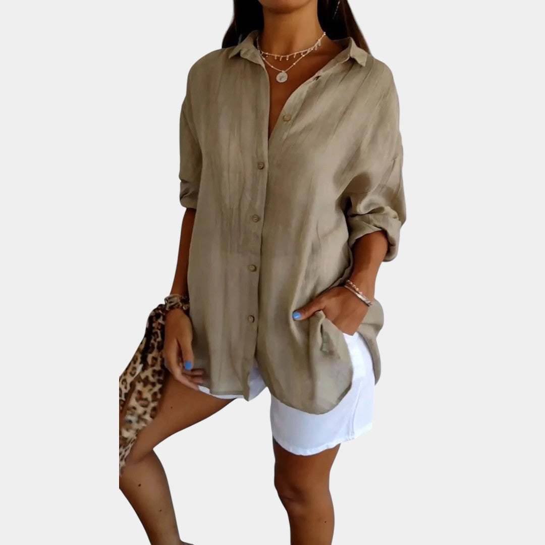 Dames Longline Blouse met Borstzak en Opgerolde Mouwen