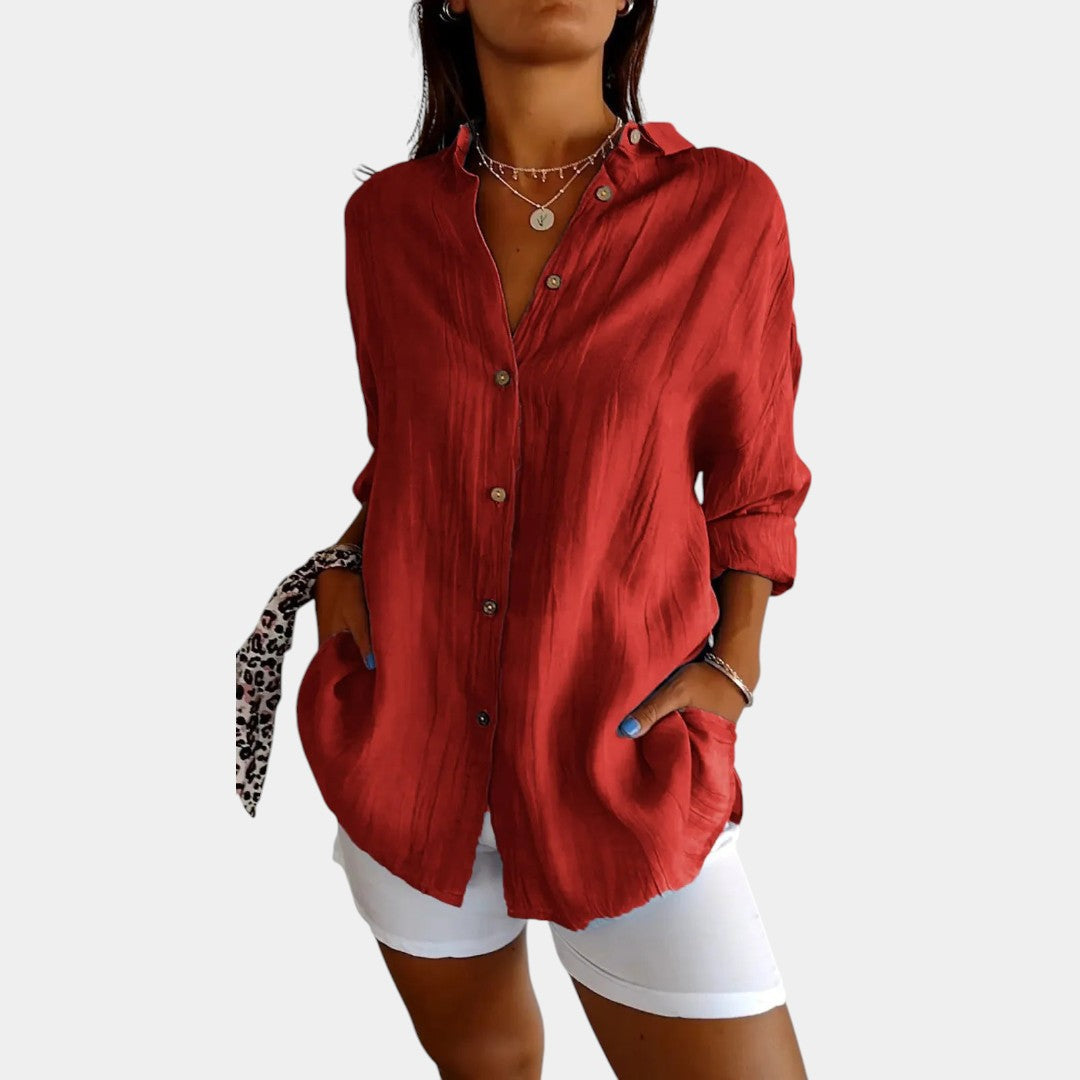 Dames Longline Blouse met Borstzak en Opgerolde Mouwen