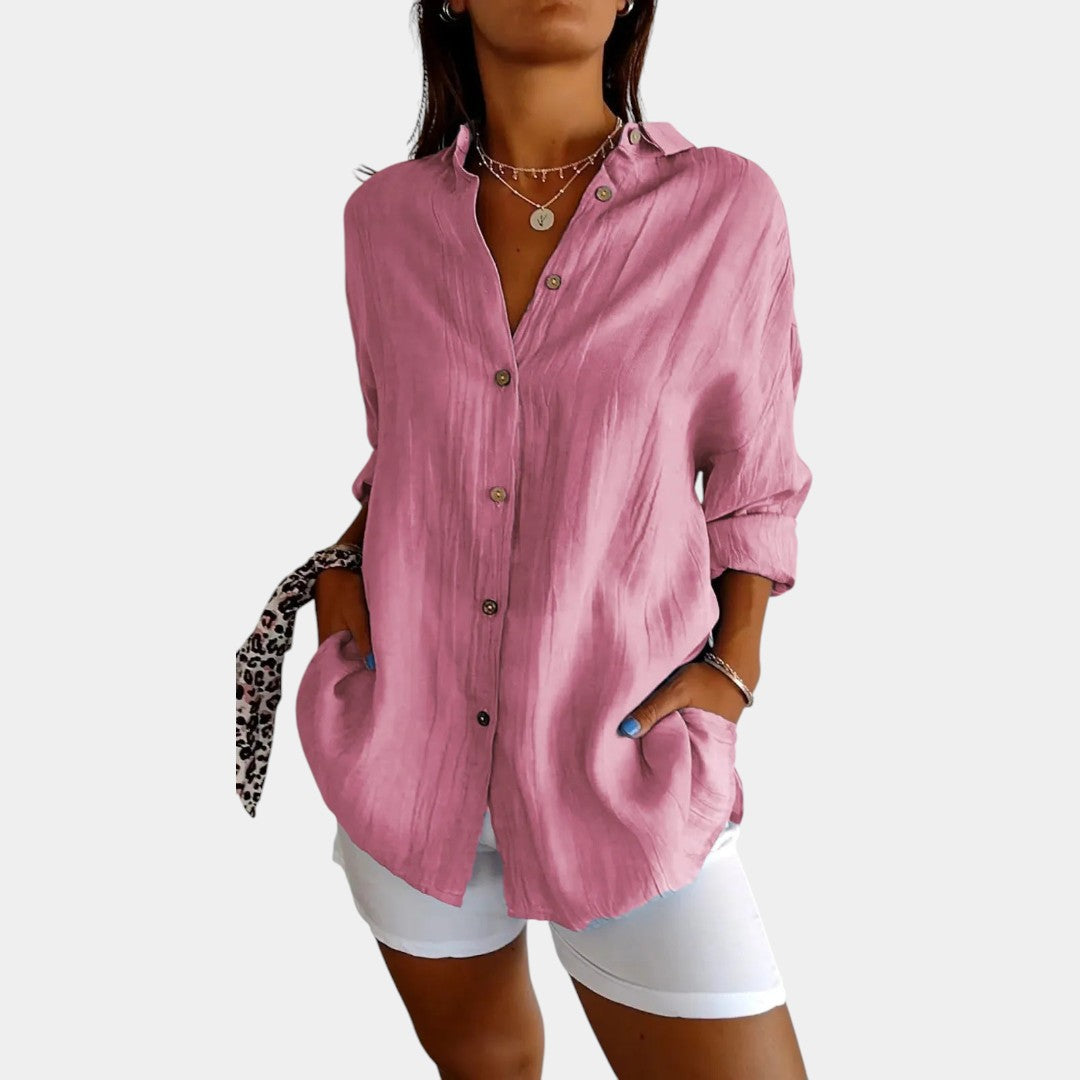 Dames Longline Blouse met Borstzak en Opgerolde Mouwen