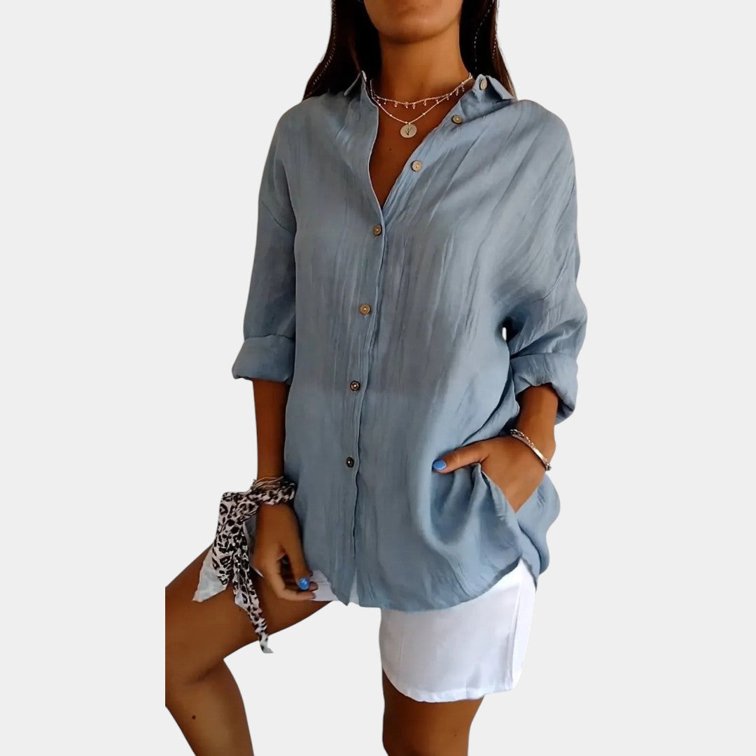 Dames Longline Blouse met Borstzak en Opgerolde Mouwen