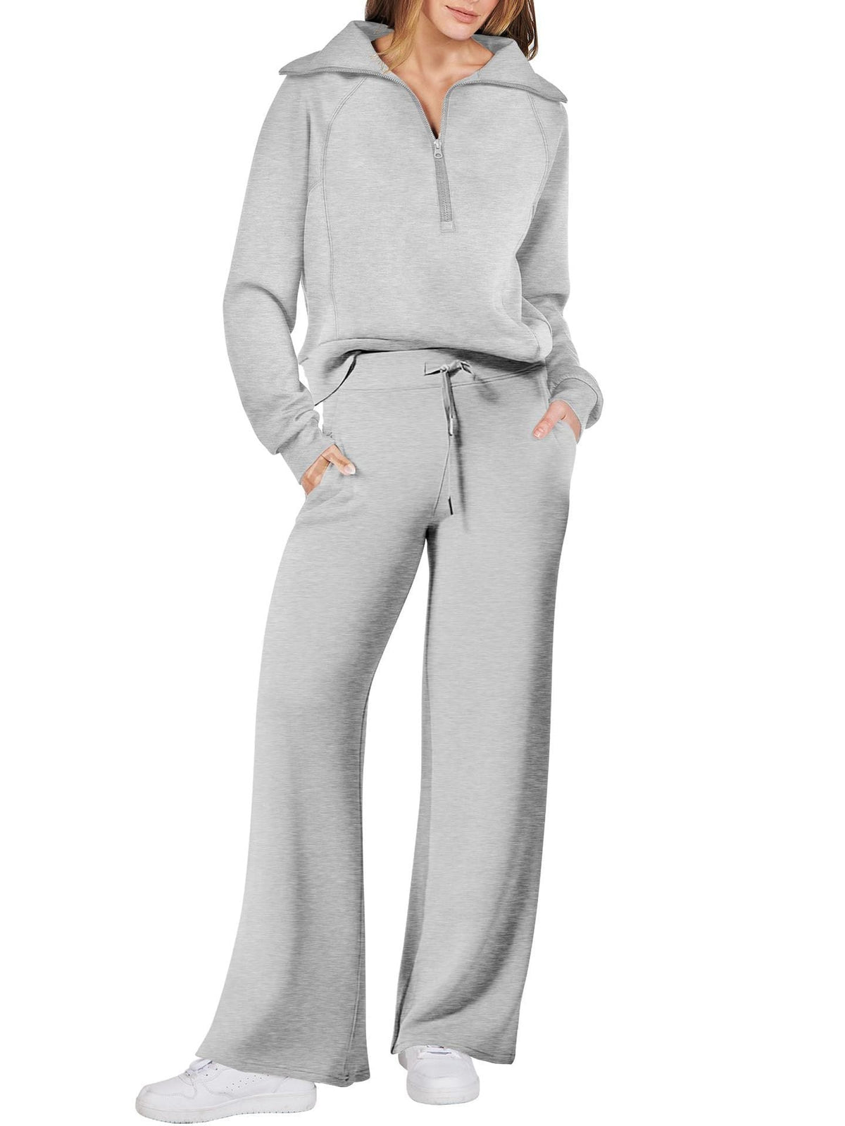 Dames Lounge Set met Lange Mouwen en Ritssluiting Lichtgrijs