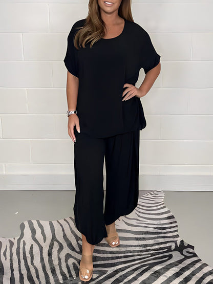 Dames Loungewear Set Korte Mouw met Wijde Broek Oversized Zwart