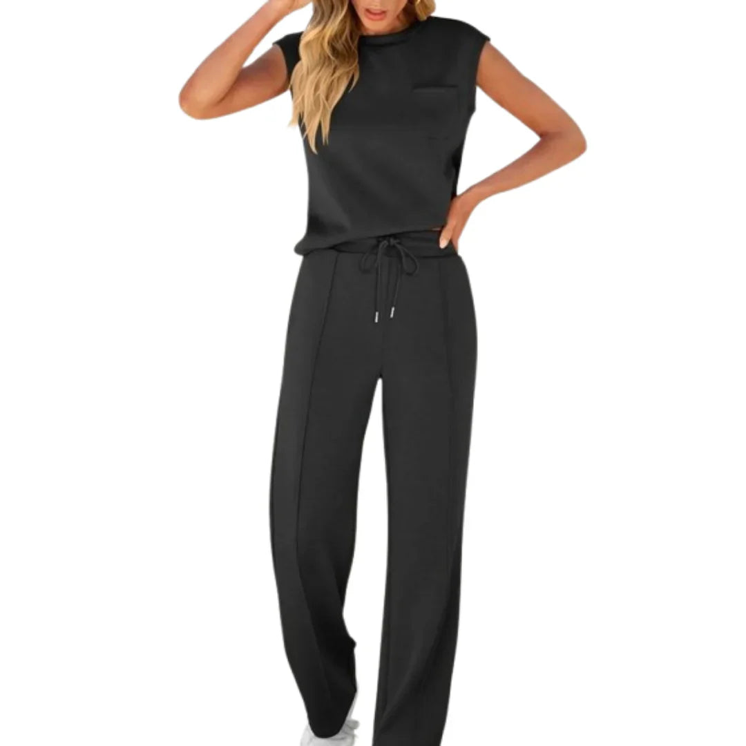 Dames Loungewear Set Mouwloos Top met Wijde Broek en Trekkoord Zwart