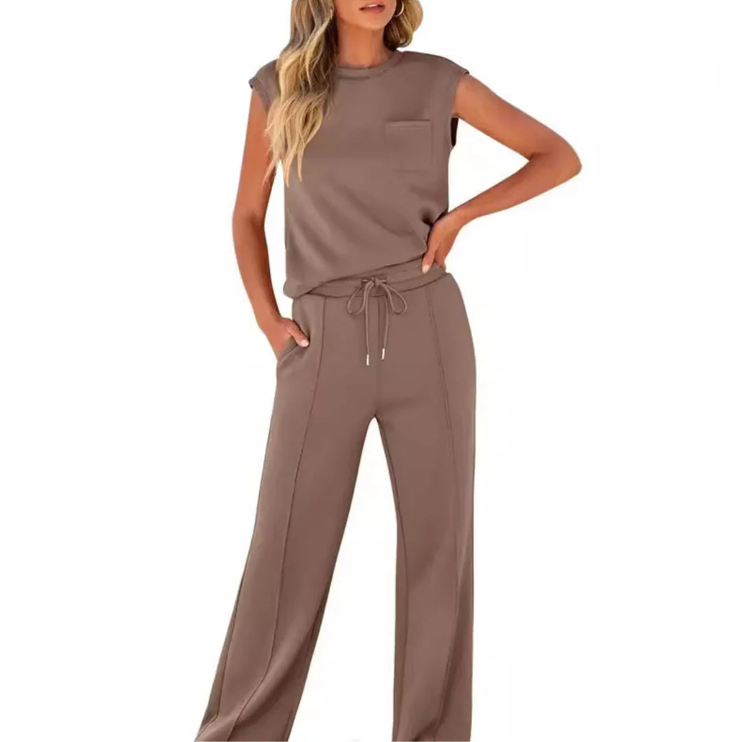 Dames Loungewear Set Mouwloos Top met Wijde Broek en Trekkoord Bruin