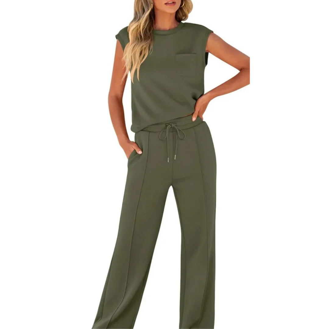 Dames Loungewear Set Mouwloos Top met Wijde Broek en Trekkoord Legergroen