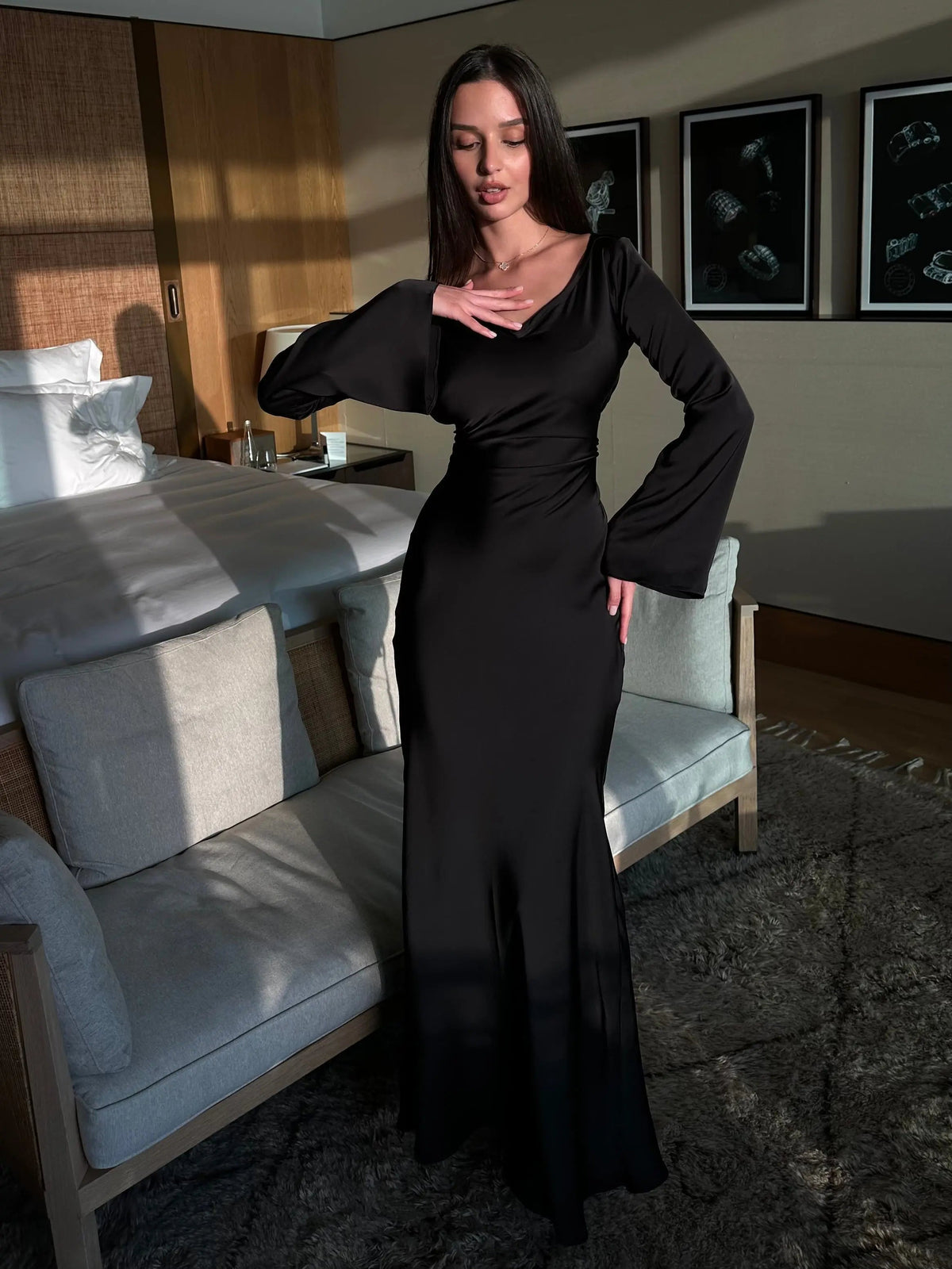Dames Maxi Avondjurk met Lange Mouwen en Cowl-hals