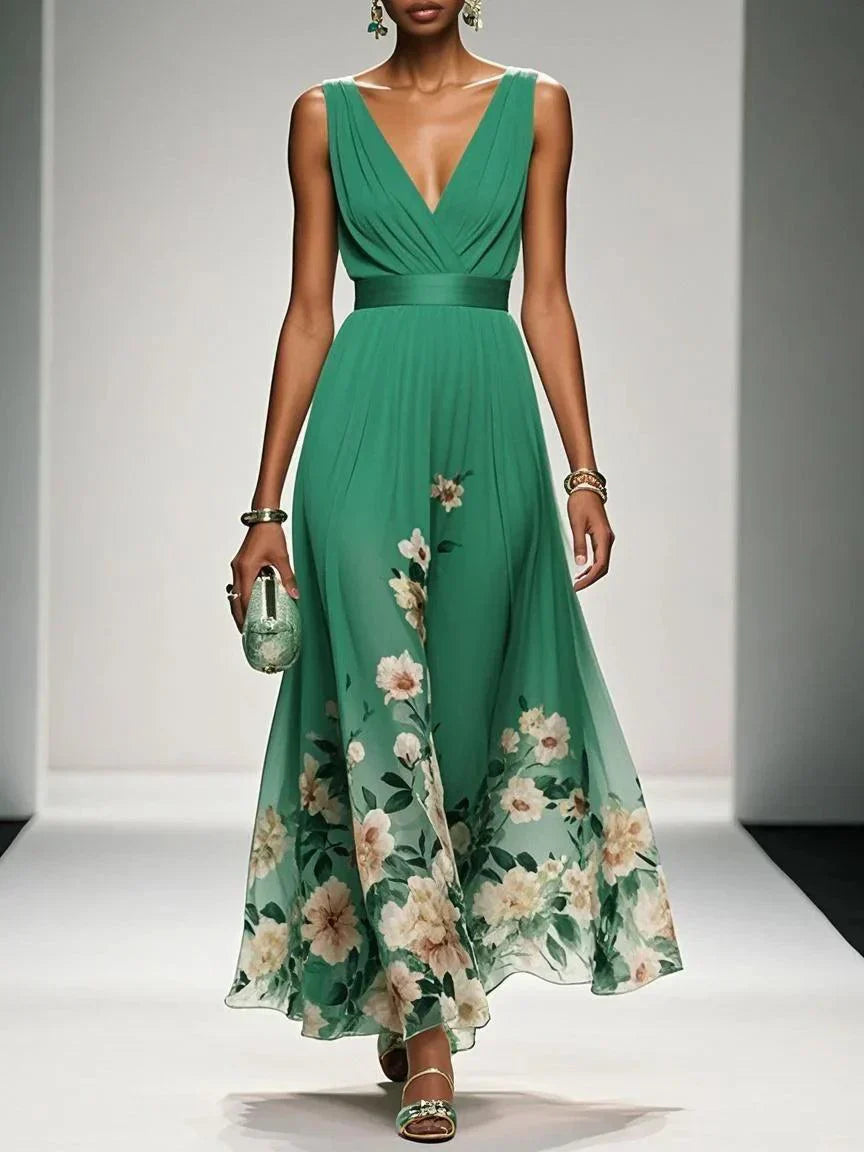 Dames Maxi Avondjurk Mouwloos met Diepe V-hals en Bloemenprint Groen