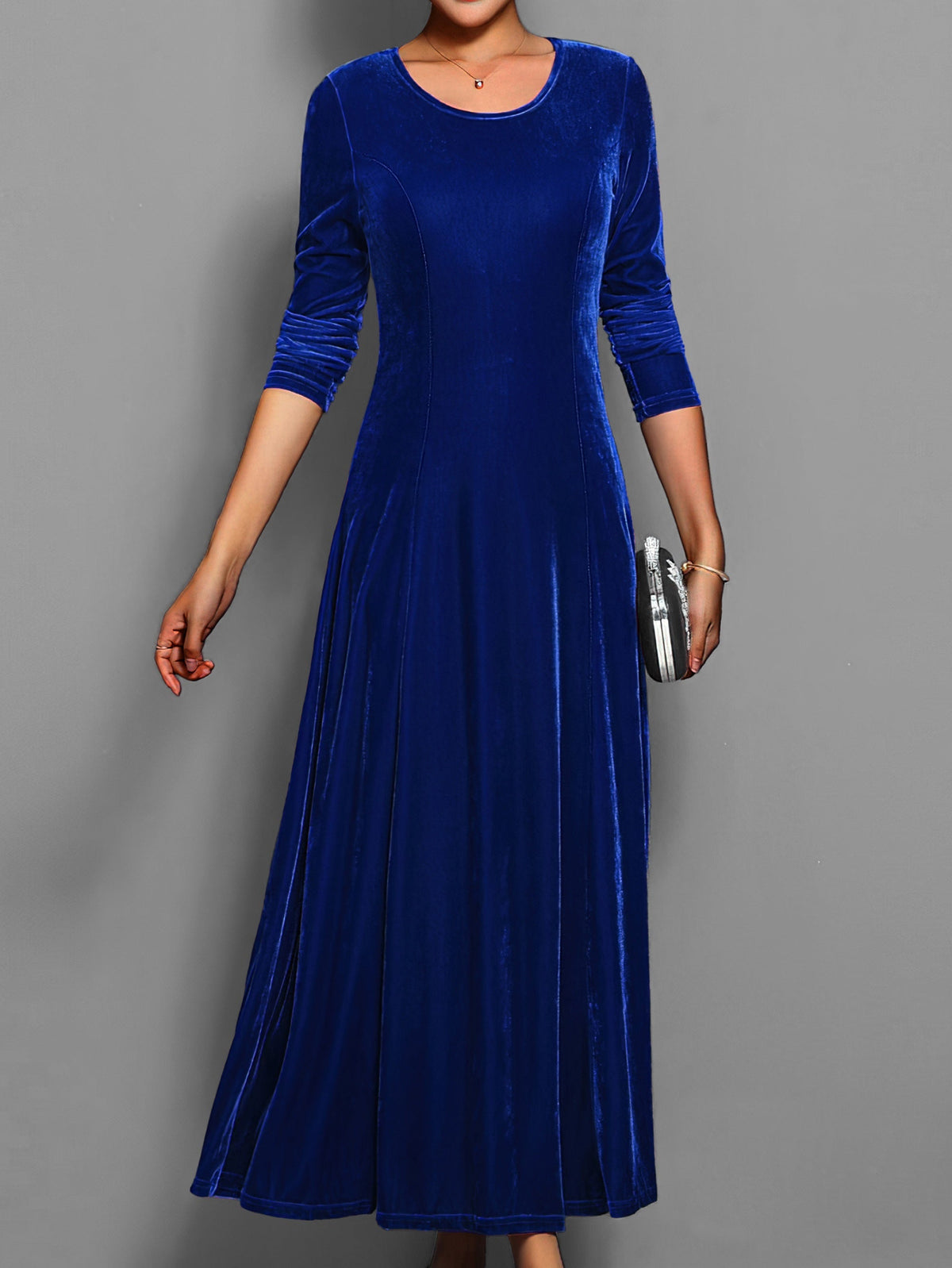 Dames Maxi Feestjurk met Ronde Hals en Lange Mouwen voor Bruiloft en Avondgelegenheden Donkerblauw