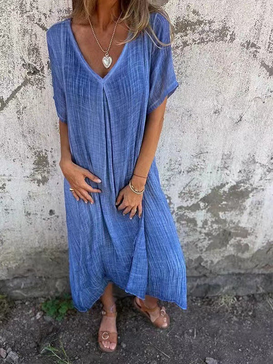 Dames Maxi Jurk Korte Mouw met V-hals en Oversized Fit Blauw