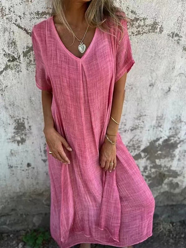 Dames Maxi Jurk Korte Mouw met V-hals en Oversized Fit Roze