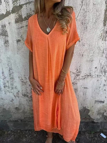 Dames Maxi Jurk Korte Mouw met V-hals en Oversized Fit Oranje