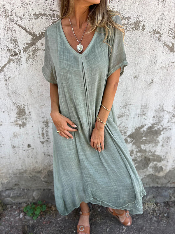 Dames Maxi Jurk Korte Mouw met V-hals en Oversized Fit Groen