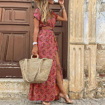 Dames Maxi Jurk Korte Mouw met V-hals, Paisley Print en Riem Roze