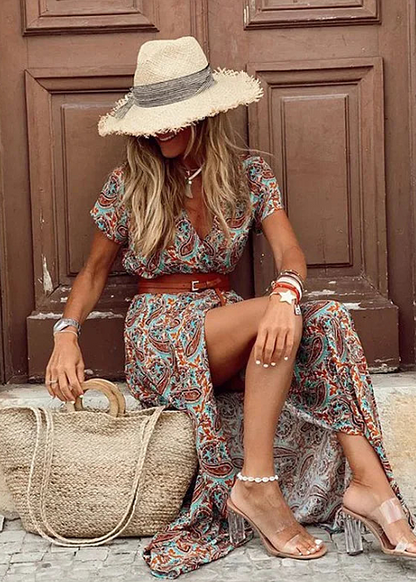 Dames Maxi Jurk Korte Mouw met V-hals, Paisley Print en Riem