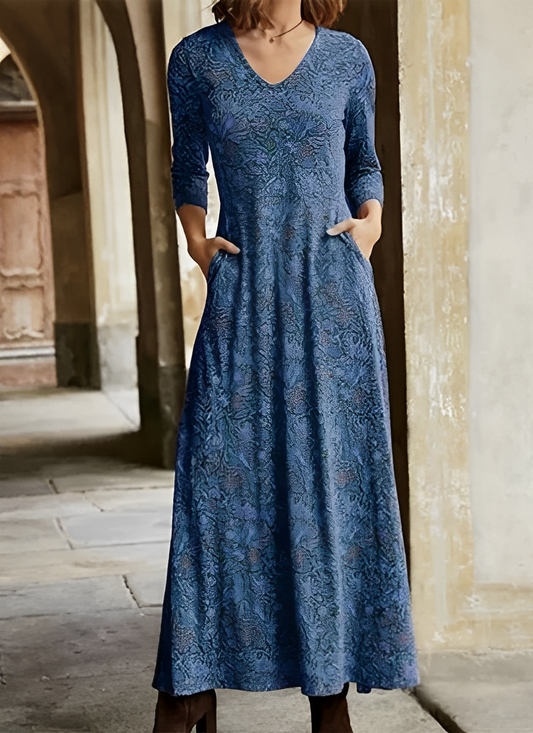 Dames Maxi-jurk Lange Mouw met Bloemenpatroon voor Feestelijke Gelegenheden Blauw