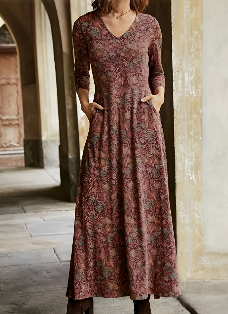 Dames Maxi-jurk Lange Mouw met Bloemenpatroon voor Feestelijke Gelegenheden Rood