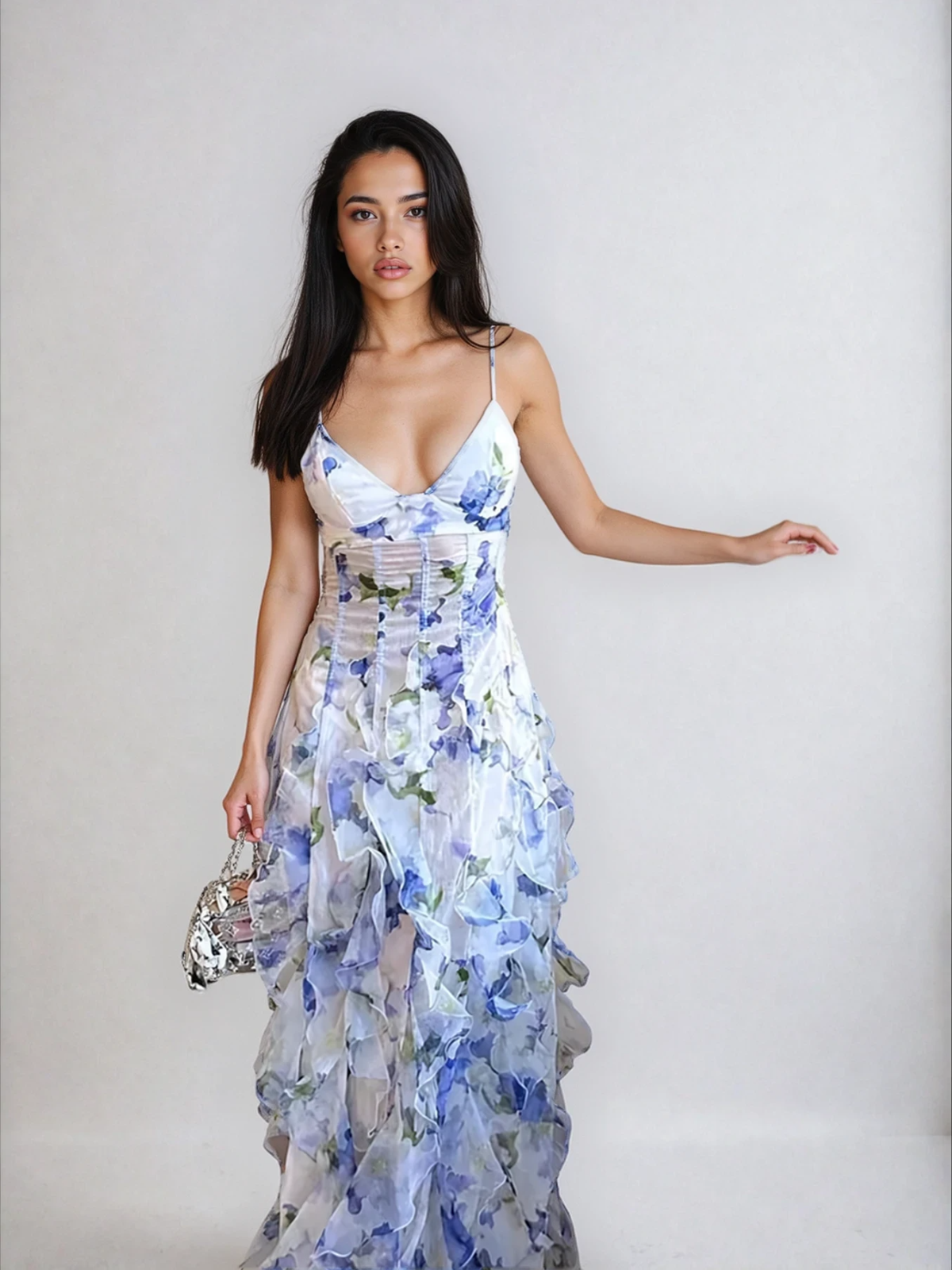 Dames Maxi Jurk met Bloemenprint, Ruches en Corset Taille Wit Blauw