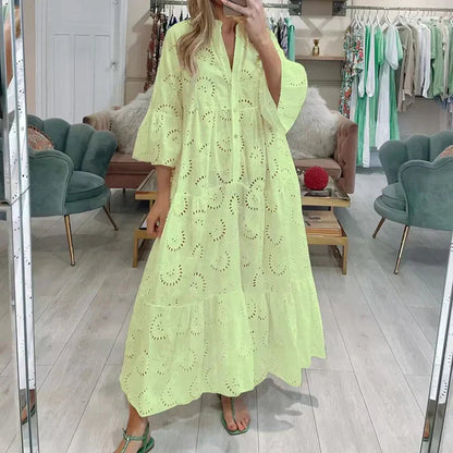 Dames Maxi Jurk met Broderie en V-hals en Knoopsluiting Geel