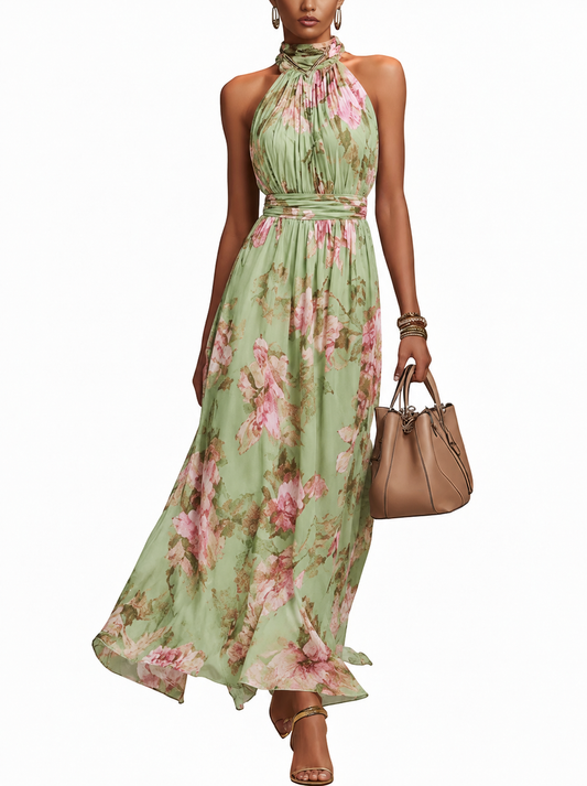 Dames Maxi Jurk met Halternek en Bloemenprint Groen