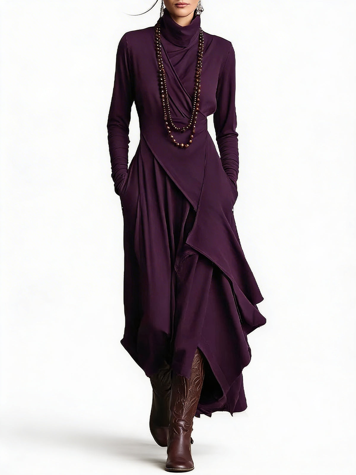 Dames Maxi Jurk met Hoge Col Lange Mouw en Asymmetrische Rok