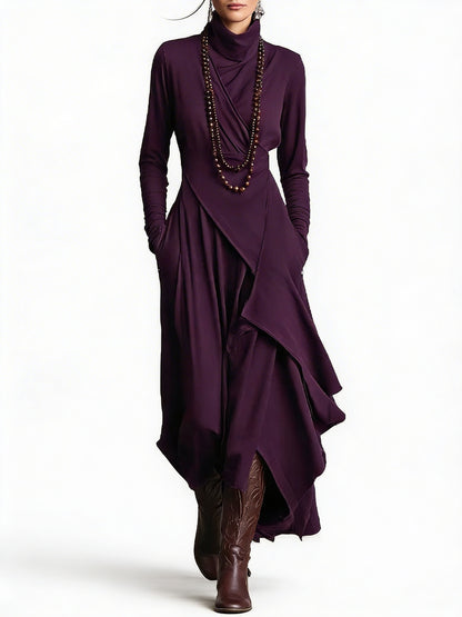 Dames Maxi Jurk met Hoge Col Lange Mouw en Asymmetrische Rok