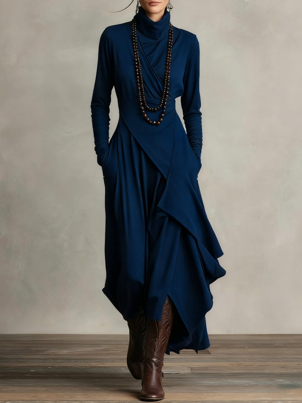 Dames Maxi Jurk met Hoge Col Lange Mouw en Asymmetrische Rok Marine