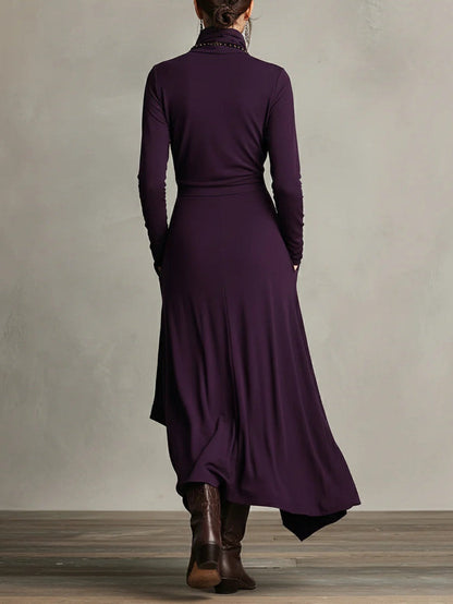 Dames Maxi Jurk met Hoge Col Lange Mouw en Asymmetrische Rok
