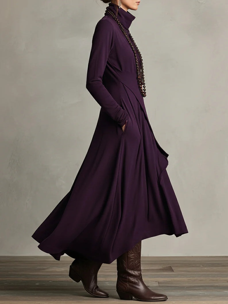 Dames Maxi Jurk met Hoge Col Lange Mouw en Asymmetrische Rok