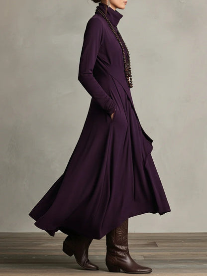 Dames Maxi Jurk met Hoge Col Lange Mouw en Asymmetrische Rok