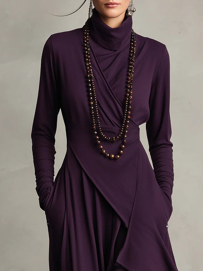 Dames Maxi Jurk met Hoge Col Lange Mouw en Asymmetrische Rok