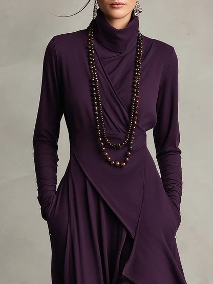 Dames Maxi Jurk met Hoge Col Lange Mouw en Asymmetrische Rok