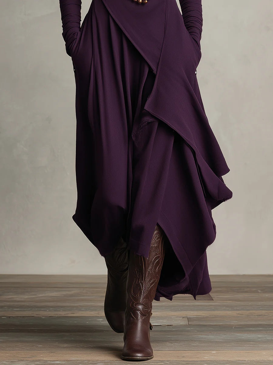 Dames Maxi Jurk met Hoge Col Lange Mouw en Asymmetrische Rok