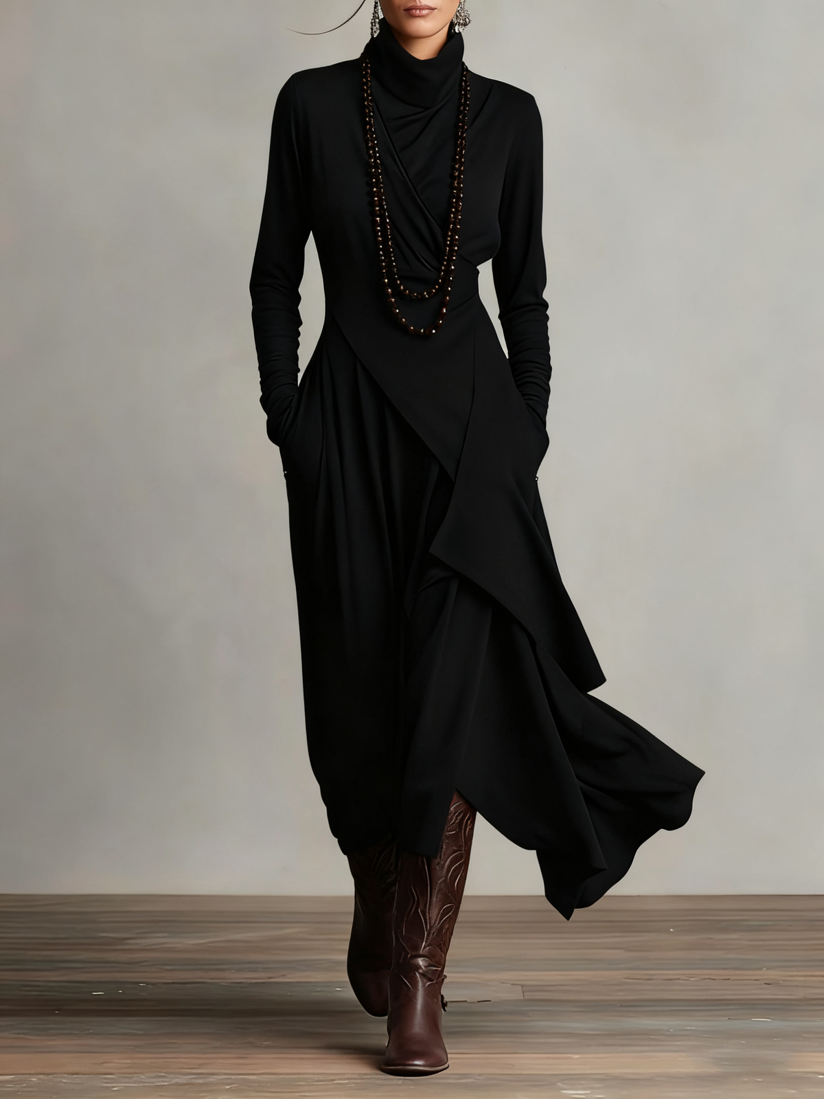 Dames Maxi Jurk met Hoge Col Lange Mouw en Asymmetrische Rok Zwart