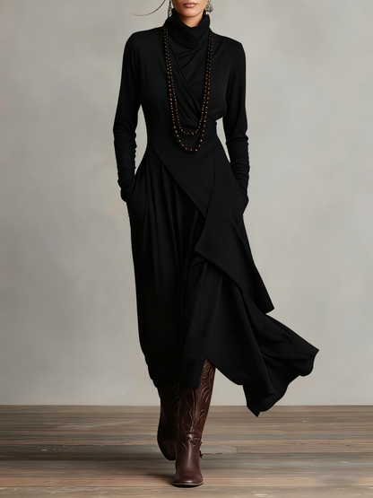Dames Maxi Jurk met Hoge Col Lange Mouw en Asymmetrische Rok Zwart