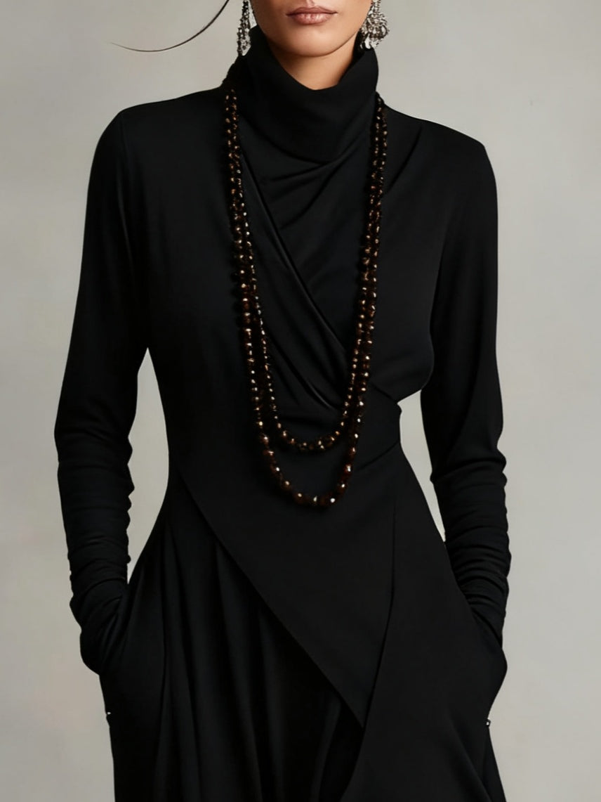 Dames Maxi Jurk met Hoge Col Lange Mouw en Asymmetrische Rok