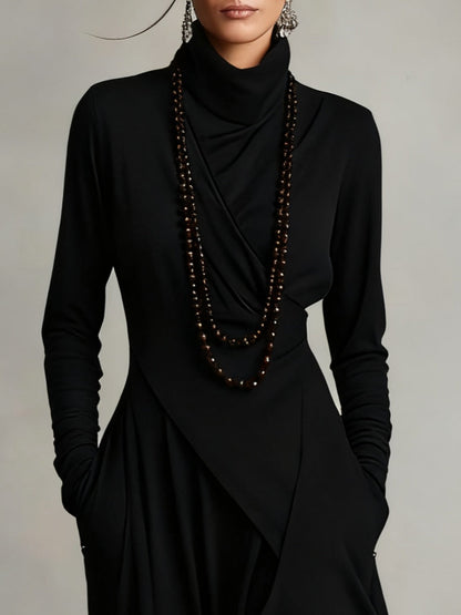 Dames Maxi Jurk met Hoge Col Lange Mouw en Asymmetrische Rok