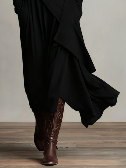 Dames Maxi Jurk met Hoge Col Lange Mouw en Asymmetrische Rok