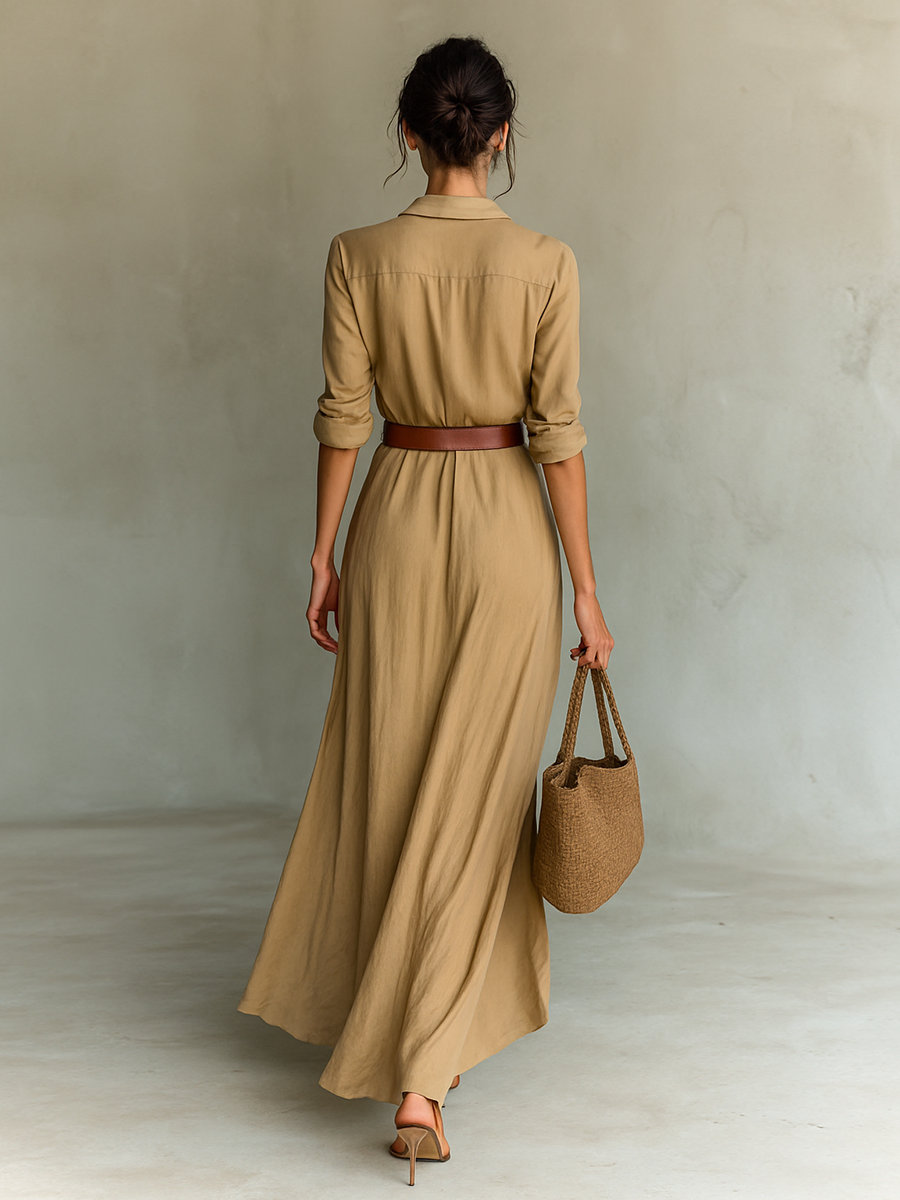 Dames Maxi Jurk met Lange Mouwen, Hemdkraag en Wikkelrok