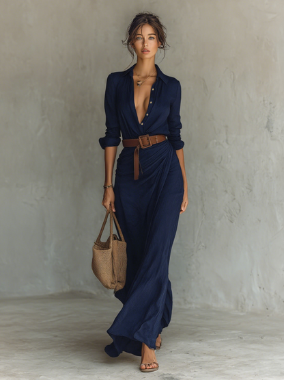 Dames Maxi Jurk met Lange Mouwen, Hemdkraag en Wikkelrok Marineblauw