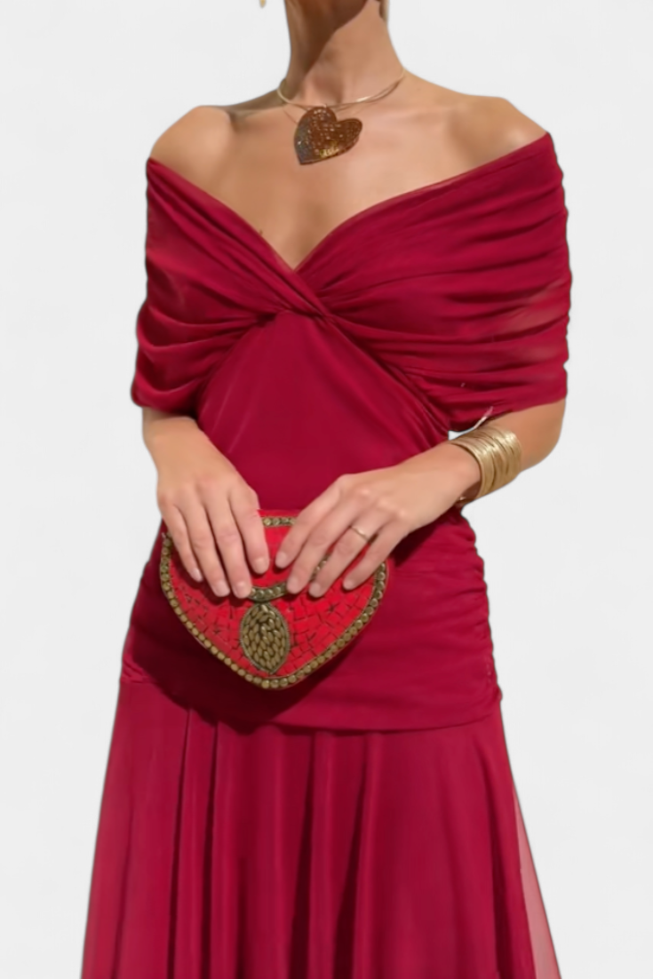 Dames Maxi Jurk met Off-shoulder V-hals en Geplooide Taille Rood