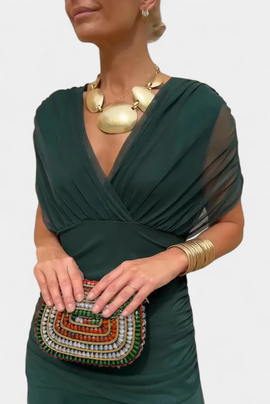 Dames Maxi Jurk met Off-shoulder V-hals en Geplooide Taille Groen