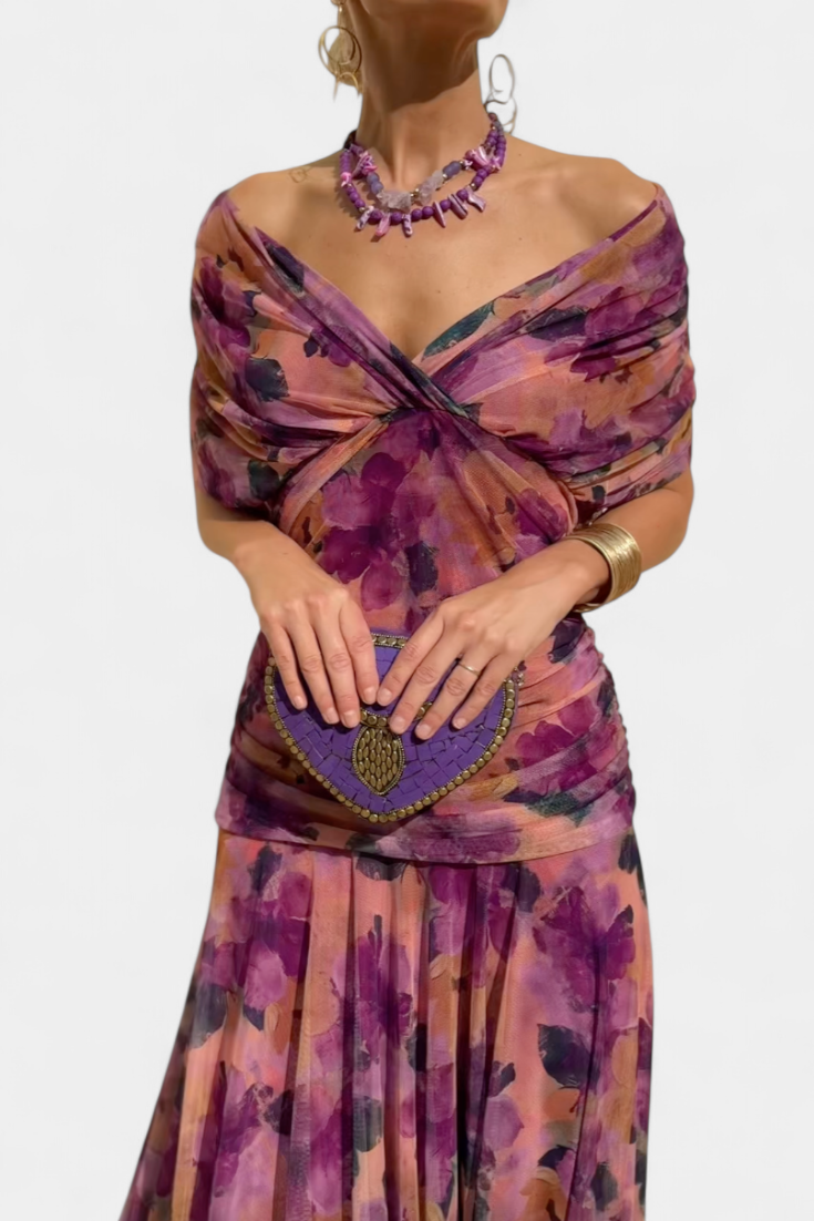 Dames Maxi Jurk met Off-shoulder V-hals en Geplooide Taille Paars