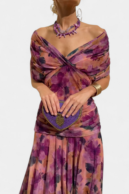 Dames Maxi Jurk met Off-shoulder V-hals en Geplooide Taille Paars