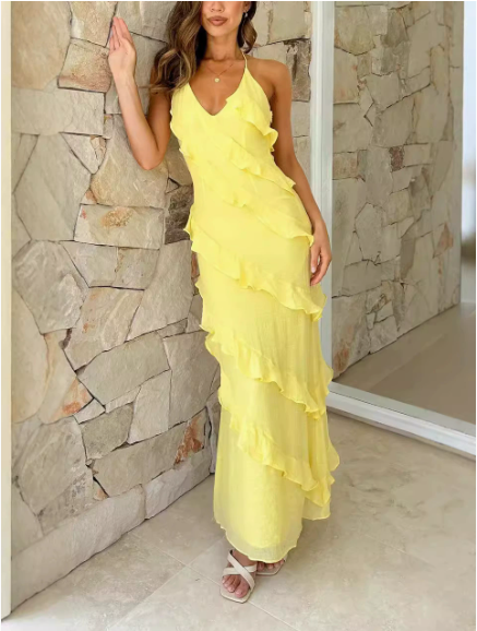 Dames Maxi Jurk met Ruffles, V-hals en Halternek Geel