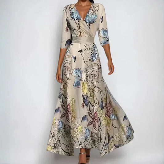Dames Maxi Jurk met V-hals, Driekwart Mouwen en Bloemenprint Zand Beige