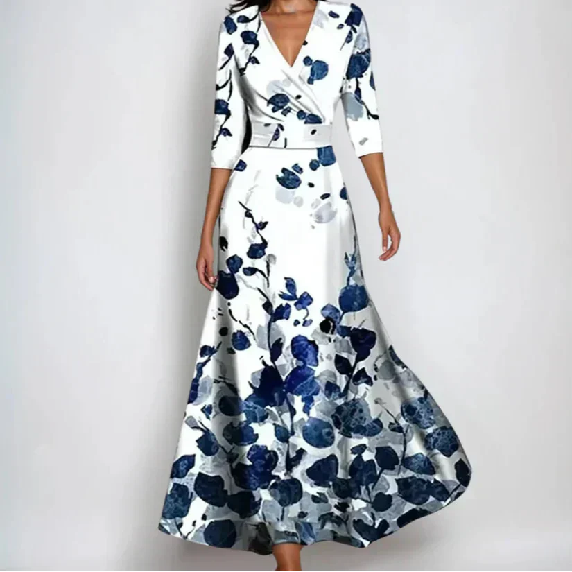 Dames Maxi Jurk met V-hals, Driekwart Mouwen en Bloemenprint Wit Blauw