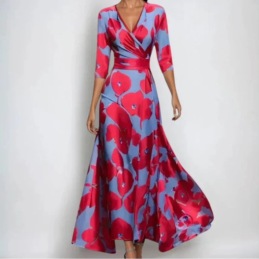 Dames Maxi Jurk met V-hals, Driekwart Mouwen en Bloemenprint Rood Blauw