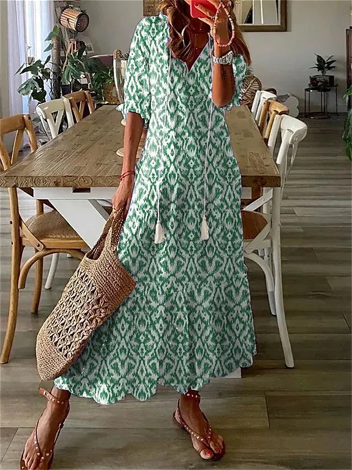 Dames Maxi Jurk met V-hals en Bloemenprint Korte Mouw Groen