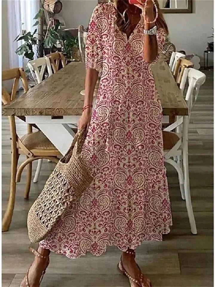 Dames Maxi Jurk met V-hals en Bloemenprint Korte Mouw Rood