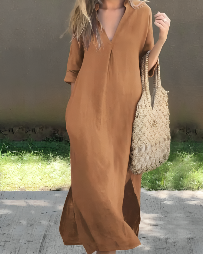 Dames Maxi Jurk met V-hals en Driekwart Mouw met Zijzakken Camel